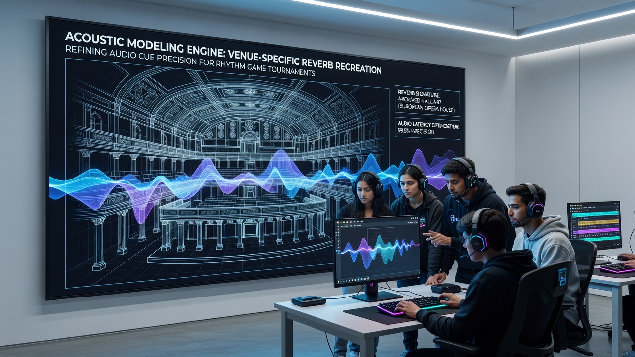 Acoustic modeling visualization showing reverb signatures mapped from historic concert halls onto digital rhythm game environments