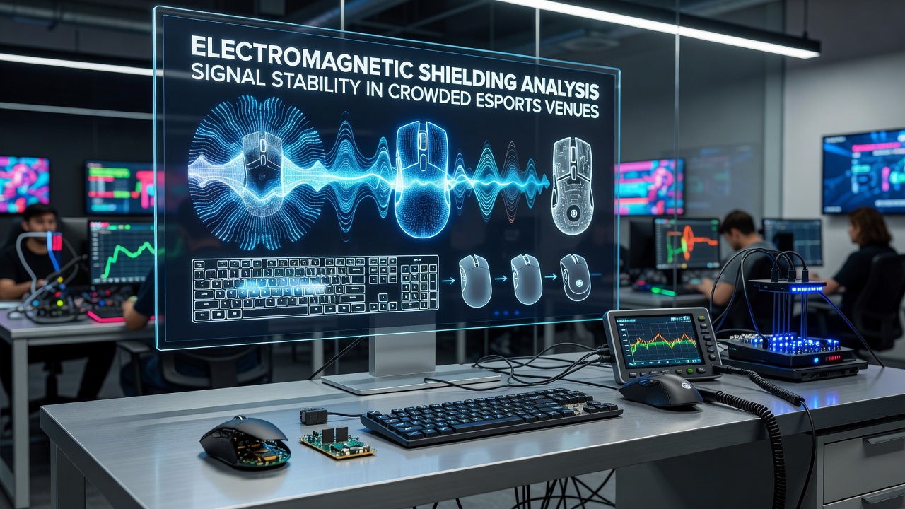 Wireless gaming peripherals with electromagnetic shielding layers tested in a simulated crowded venue environment
