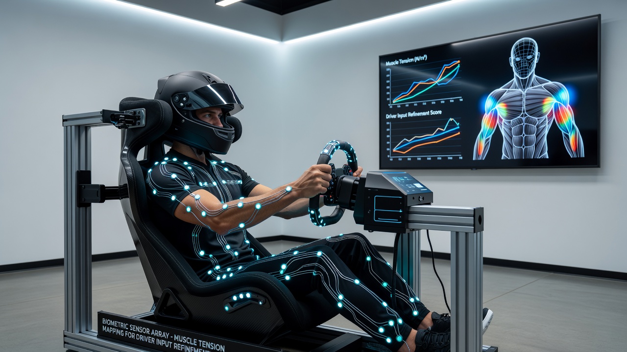 Close-up view of EMG sensors on a sim racing seat with overlaid muscle tension heatmaps and driver input graphs from an endurance league practice run