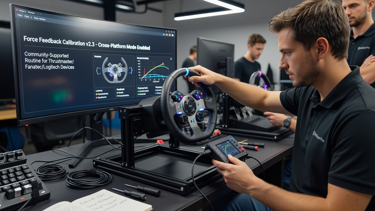 Community members reviewing calibration data logs on multiple monitors during a sim racing session