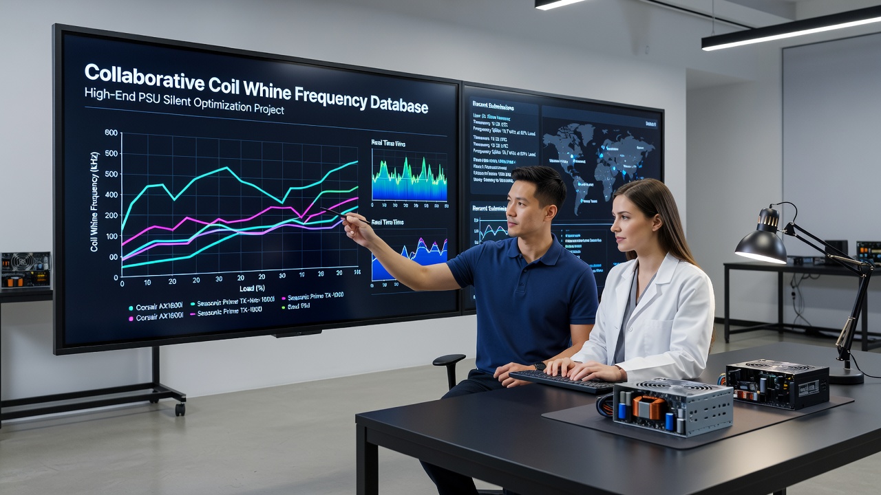 Screenshot of collaborative database interface displaying coil whine frequency charts for multiple power supply models