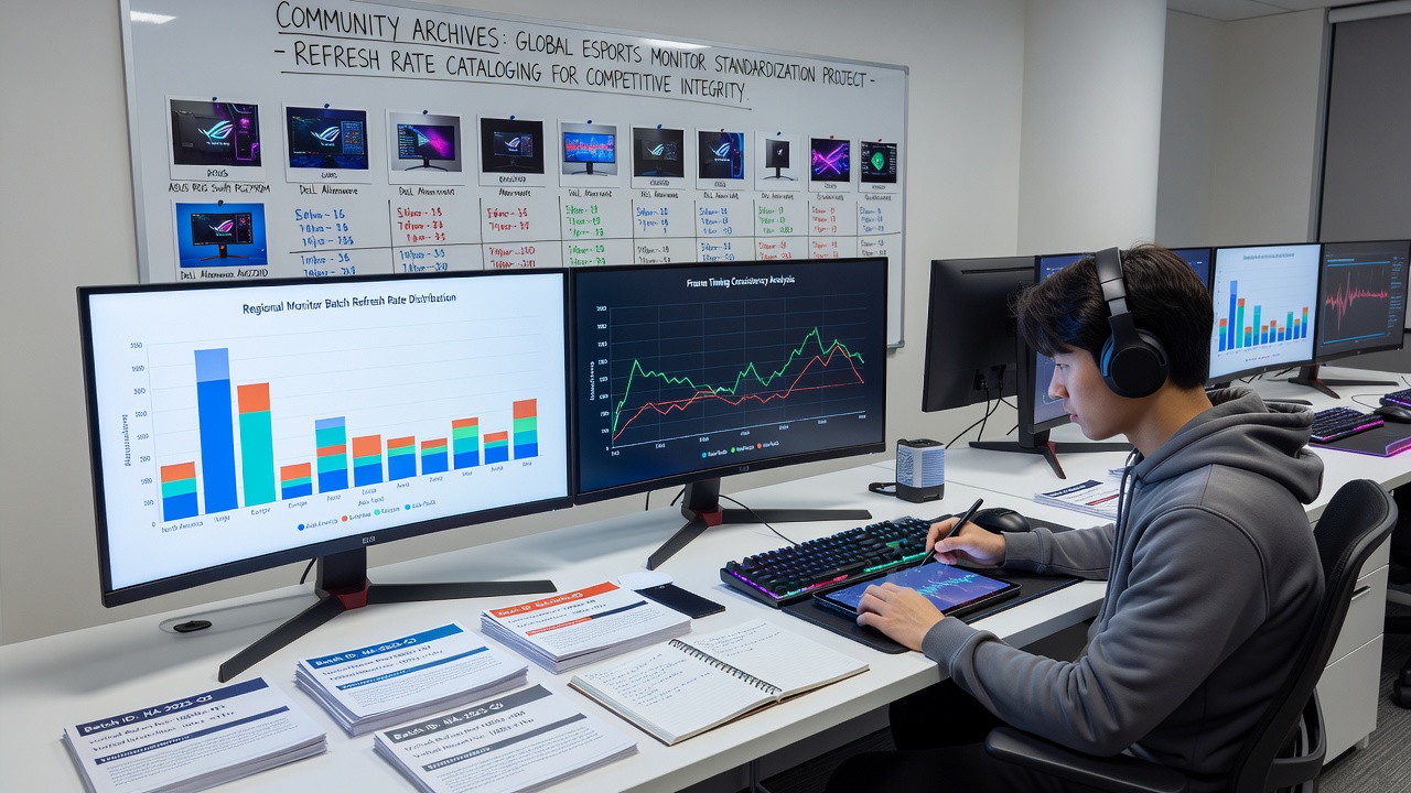 Community members reviewing monitor specifications and regional batch data in an esports archive workspace