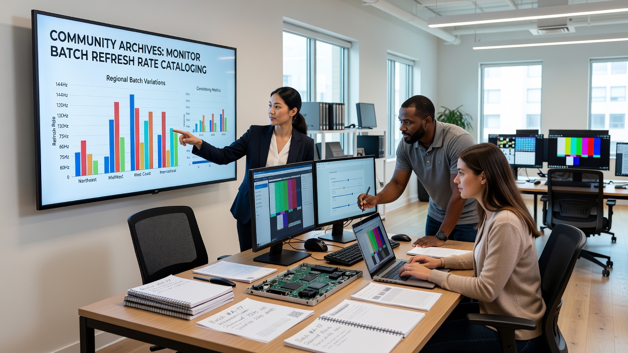 Detailed spreadsheet and testing equipment used by archivists to log monitor refresh rate measurements