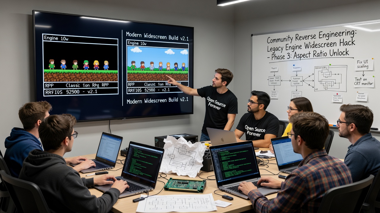 Developers reviewing disassembled engine code for widescreen and refresh rate patches