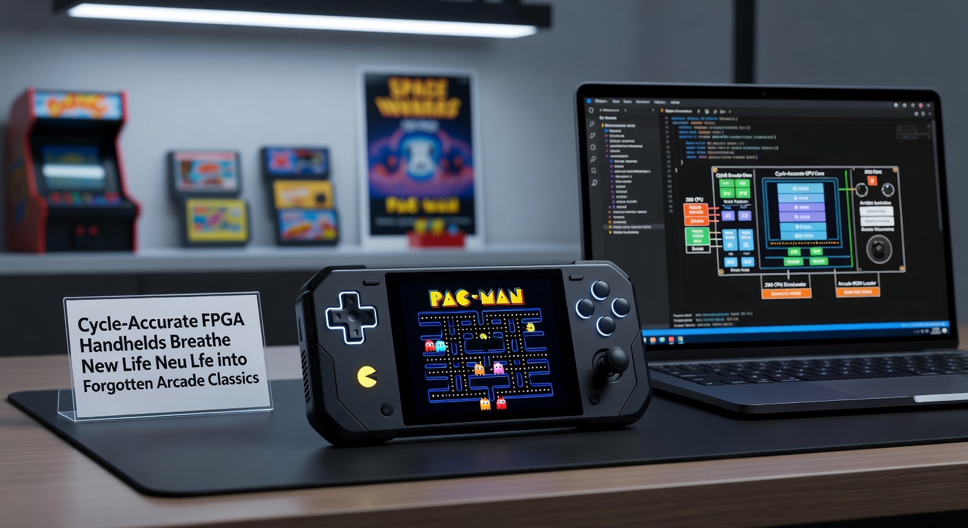 A sleek FPGA handheld device displaying a classic arcade game like Pac-Man, with precise pixel-perfect recreation on a modern screen
