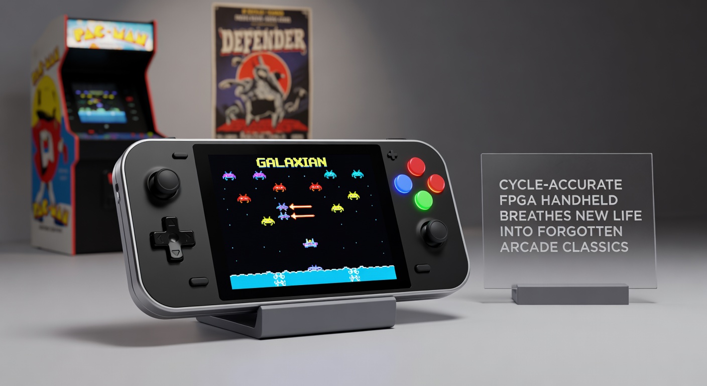Close-up of an FPGA development board connected to a handheld screen, running a vector-based arcade classic with authentic phosphor glow effects