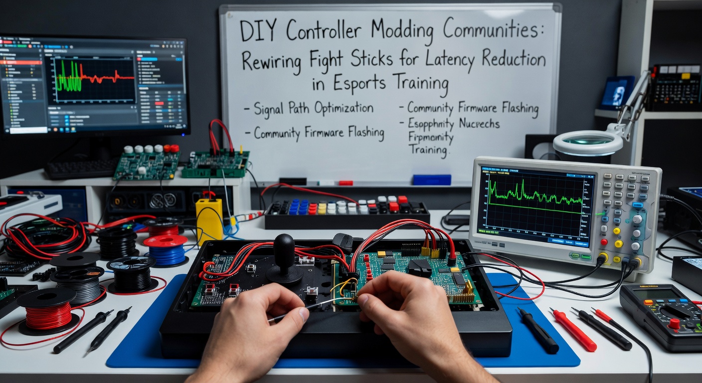 Enthusiasts in a workshop rewiring fight stick controllers with precision tools and soldering equipment for esports training setups