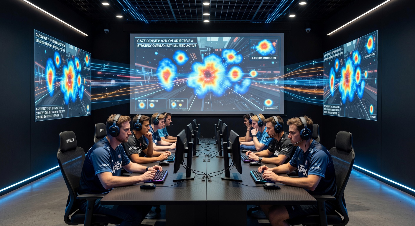 Esports players reviewing retinal tracking overlays on large screens in a modern practice arena with multiple monitors displaying gaze heatmaps