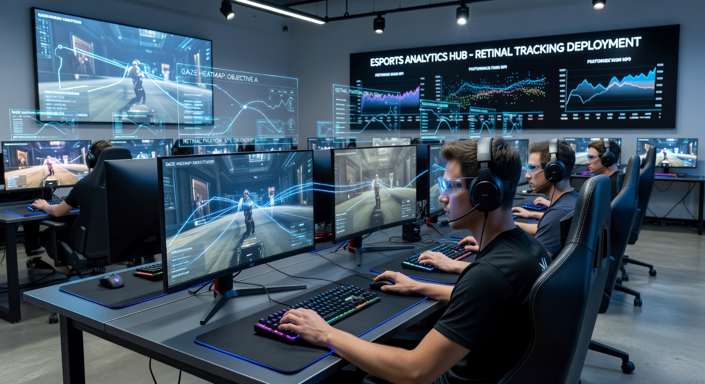 Close-up of retinal tracking hardware mounted above gaming monitors with overlaid gaze pattern data on the screen