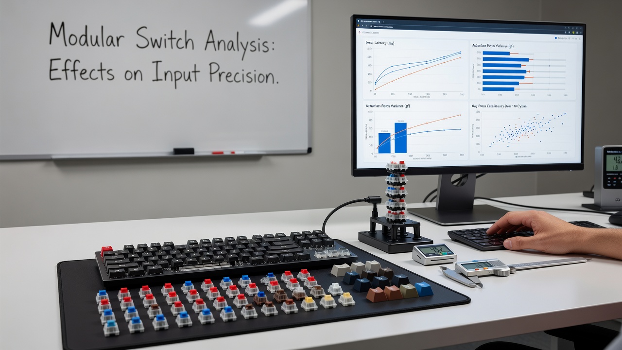Close-up of hot-swappable keyboard PCB showing different switch types installed for precision testing