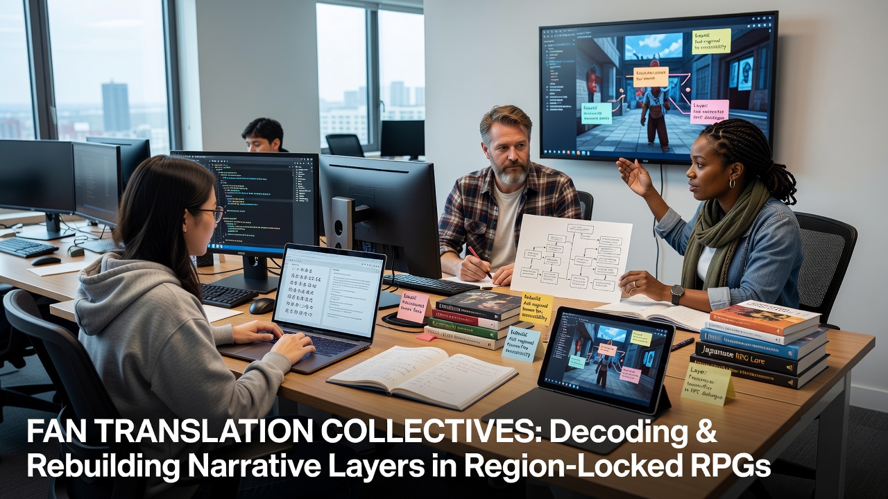 Fan translation team reviewing script documents and cultural notes for a region-locked RPG project