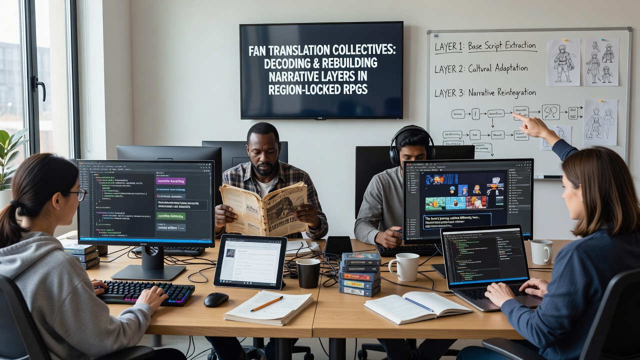 Collaborative workspace showing script comparison tools and adaptation notes spread across multiple monitors during an RPG translation session