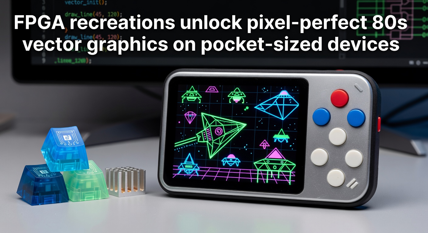 A compact FPGA handheld device rendering sharp, glowing vector lines of classic 80s games like Asteroids on a vibrant LCD screen, showcasing pixel-perfect recreation in a pocket-sized form factor