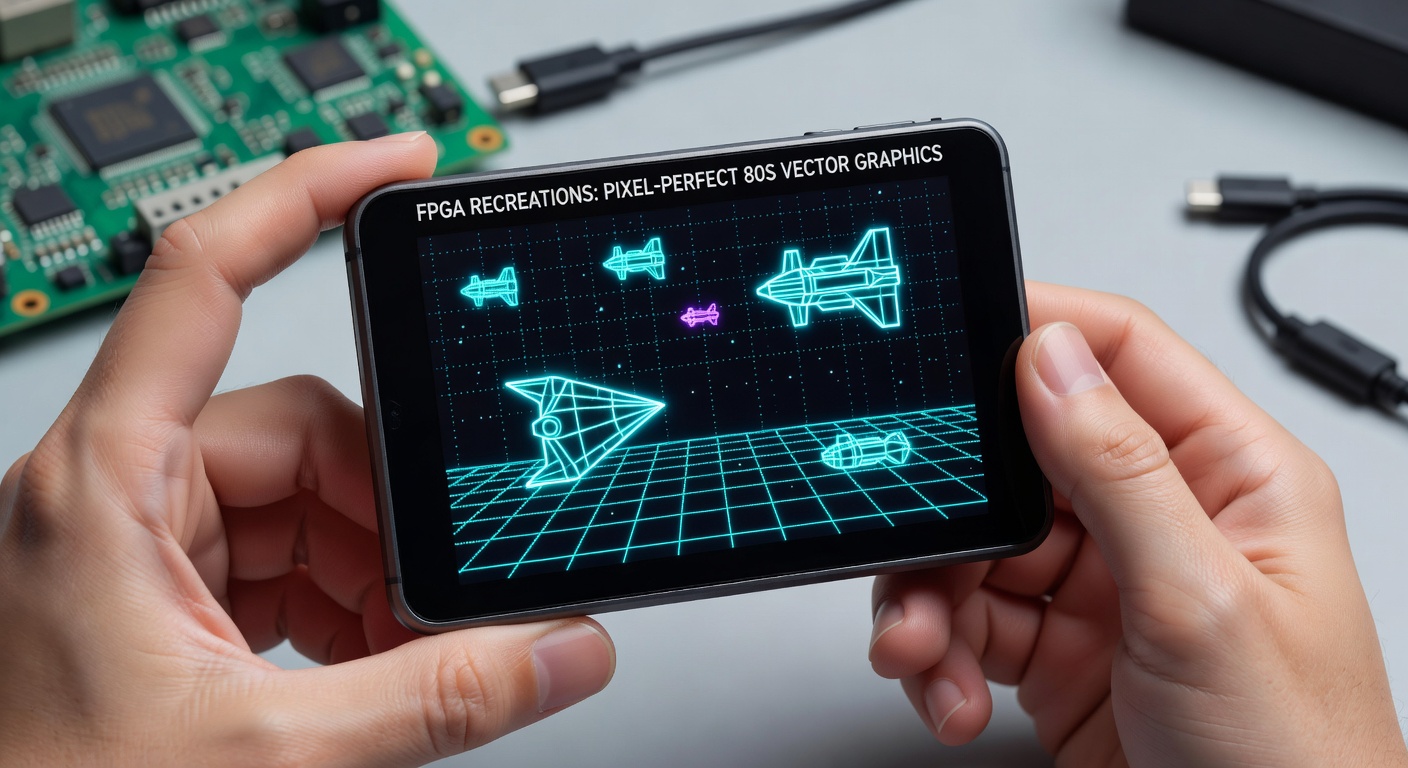 Close-up of an FPGA board inside a handheld, with visible logic gates simulating vector beam deflection, connected to a tiny screen displaying precise 80s-style wireframe graphics