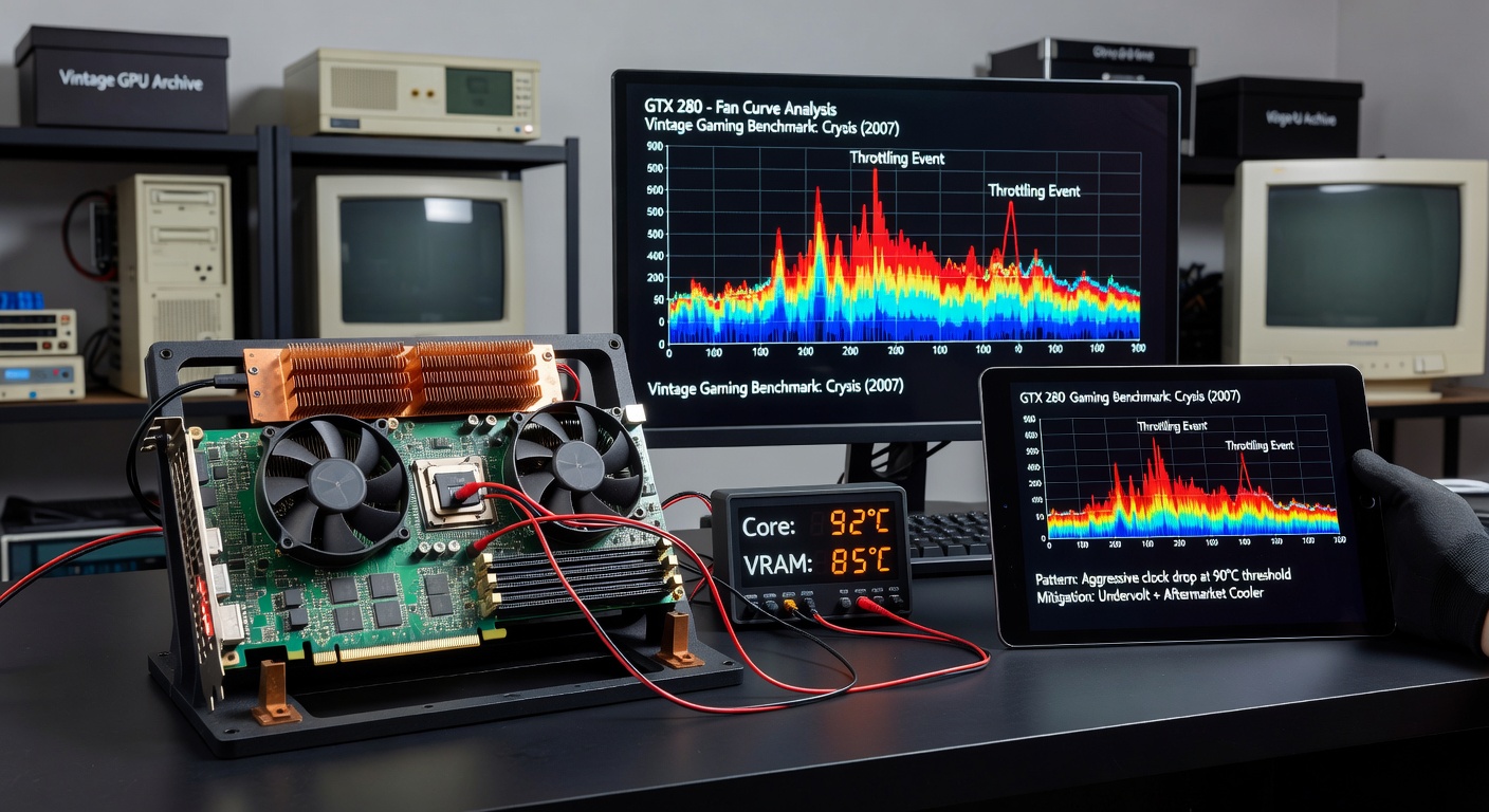Enthusiasts testing vintage GPUs with monitoring software in a retro gaming lab