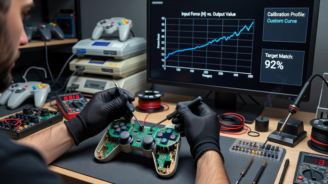Cross-era training rig showing vintage gamepad connected alongside modern esports peripherals through custom calibration adapters