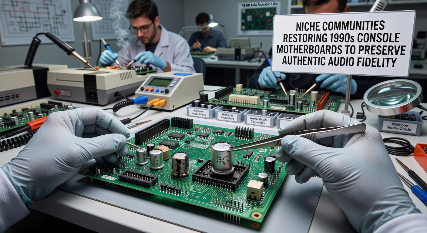 Technician carefully desoldering aging electrolytic capacitors from a 1990s Super Nintendo motherboard during an audio restoration project