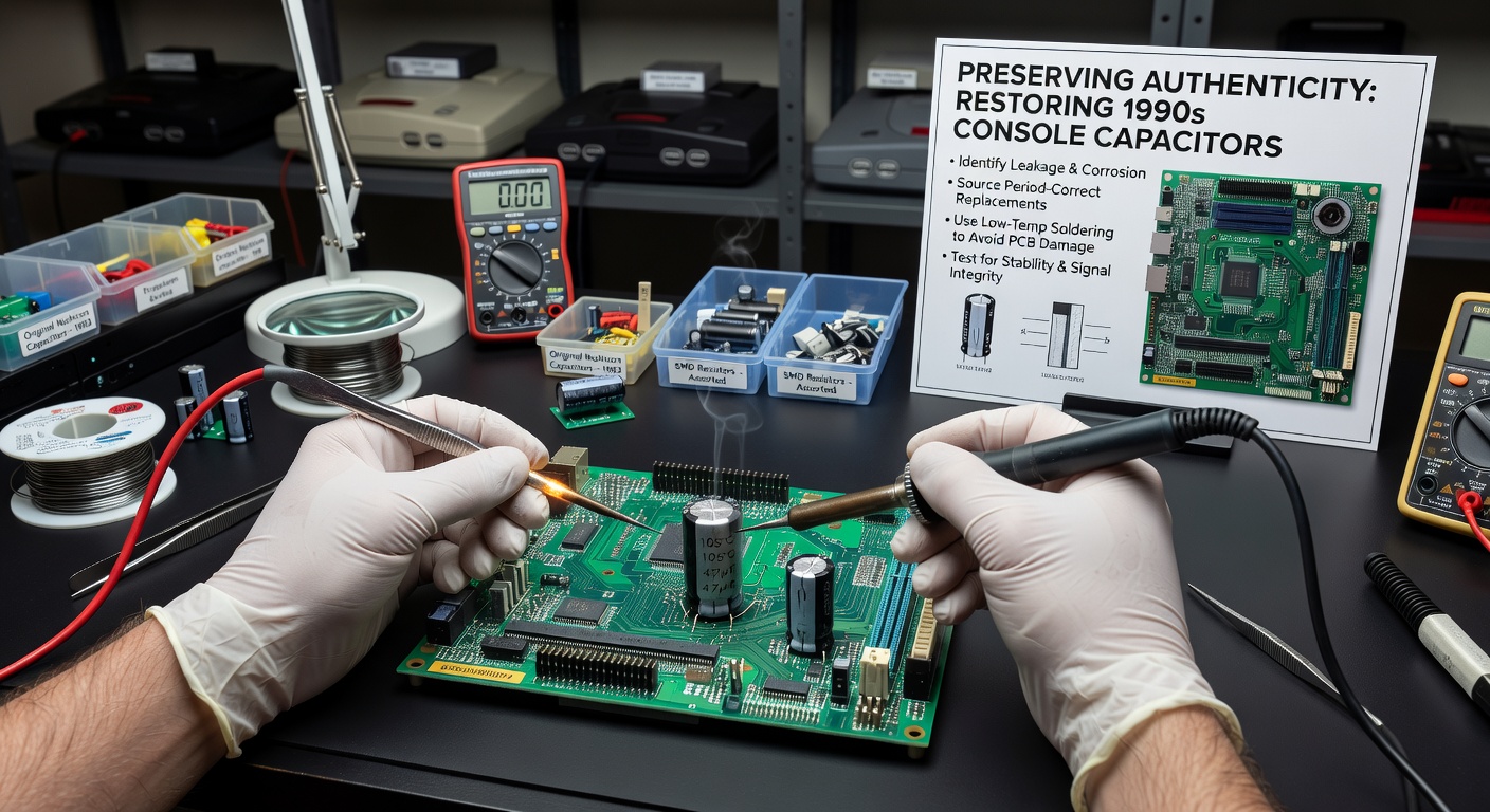Close-up view of a restored Sega Genesis motherboard showing neatly installed replacement capacitors alongside original audio processing chips