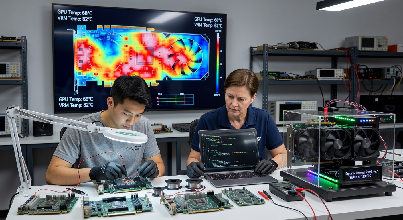 Open-source developers reviewing thermal sensor data logs from legacy graphics cards during firmware optimization sessions