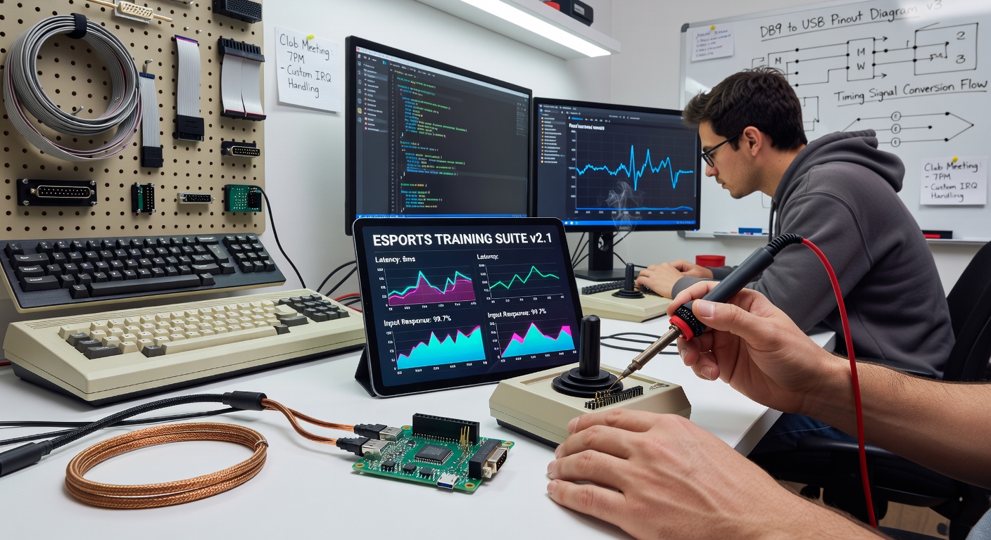 Retro computing club members soldering custom adapter circuits for classic joystick integration with esports software