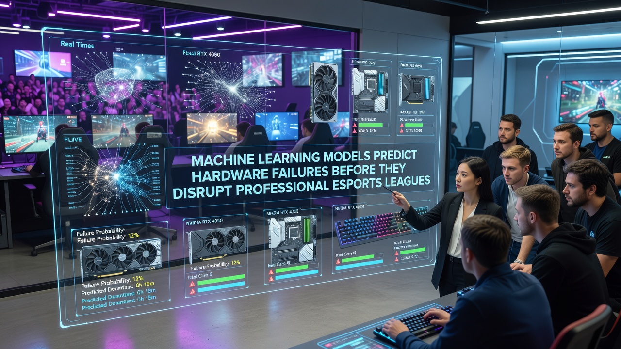 Machine learning dashboard displaying hardware sensor data and failure predictions for esports tournament PCs