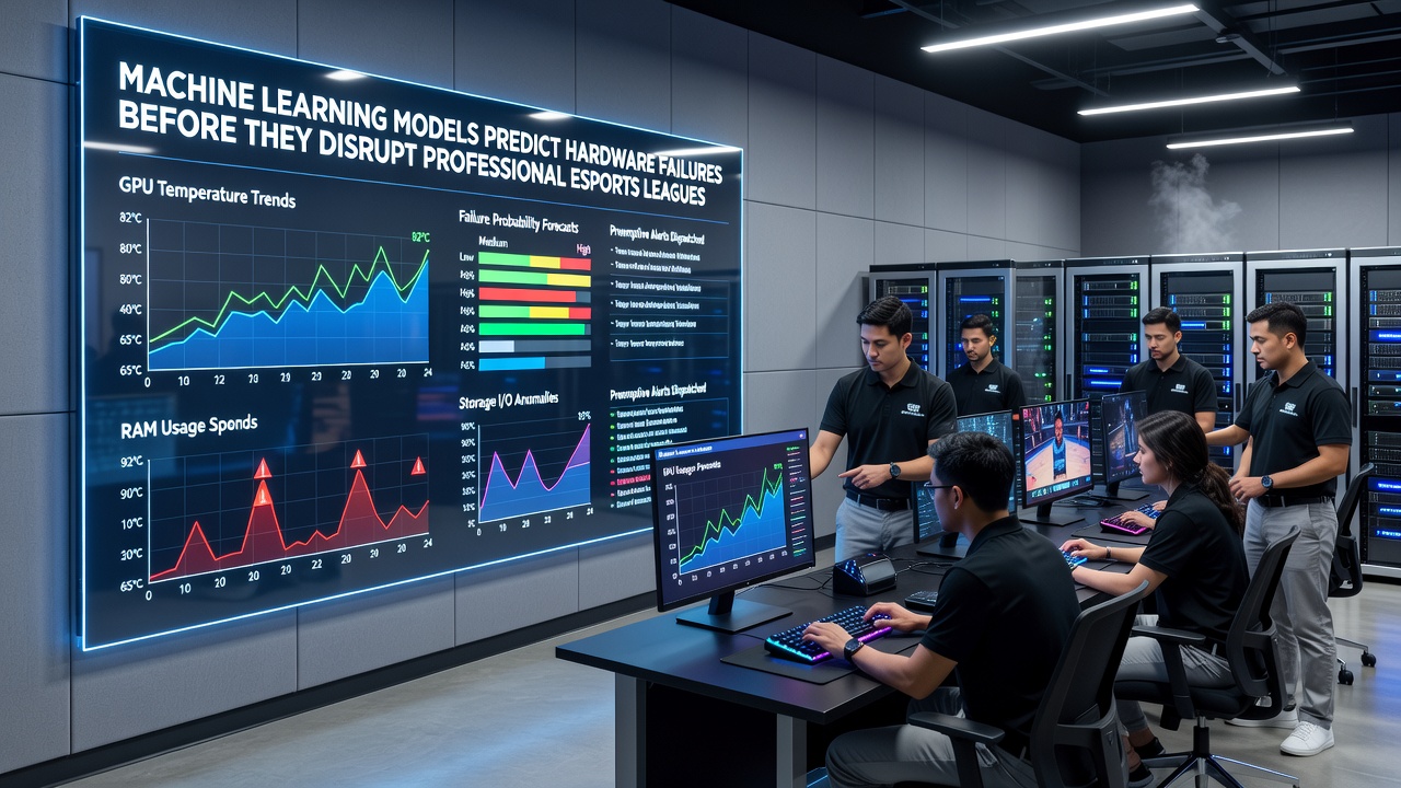 Technicians reviewing predictive maintenance alerts on a laptop during an esports event setup