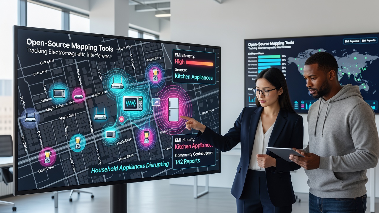 Multiple wireless controllers positioned across rooms with spectrum analysis graphs highlighting appliance-generated interference zones