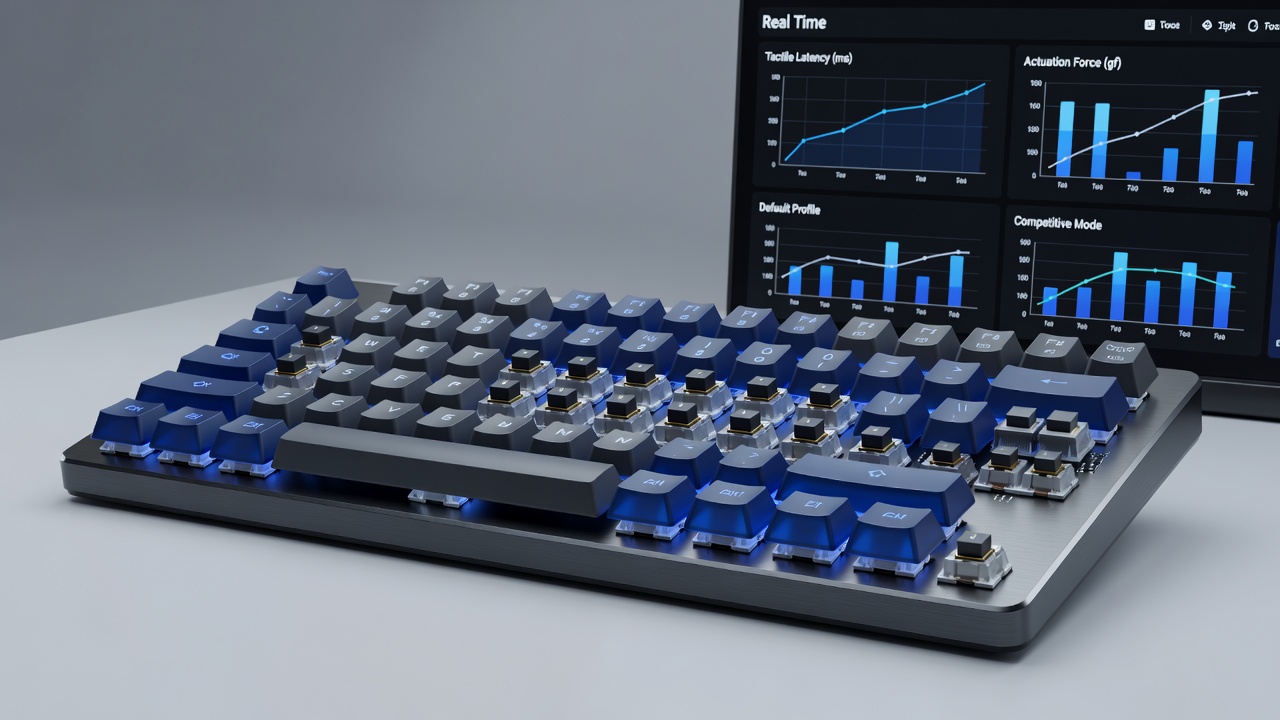 Array of mechanical keyboards equipped with piezoelectric actuators arranged on a tournament stage table with visible cabling to control units