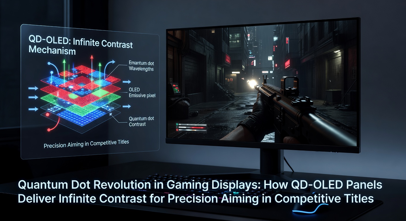 Vibrant QD-OLED gaming monitor displaying a dark FPS scene with pinpoint enemy highlights amid infinite black shadows
