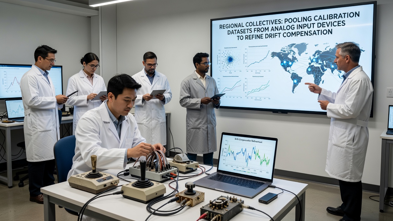 Technicians review pooled calibration graphs showing drift compensation improvements across regional controller datasets