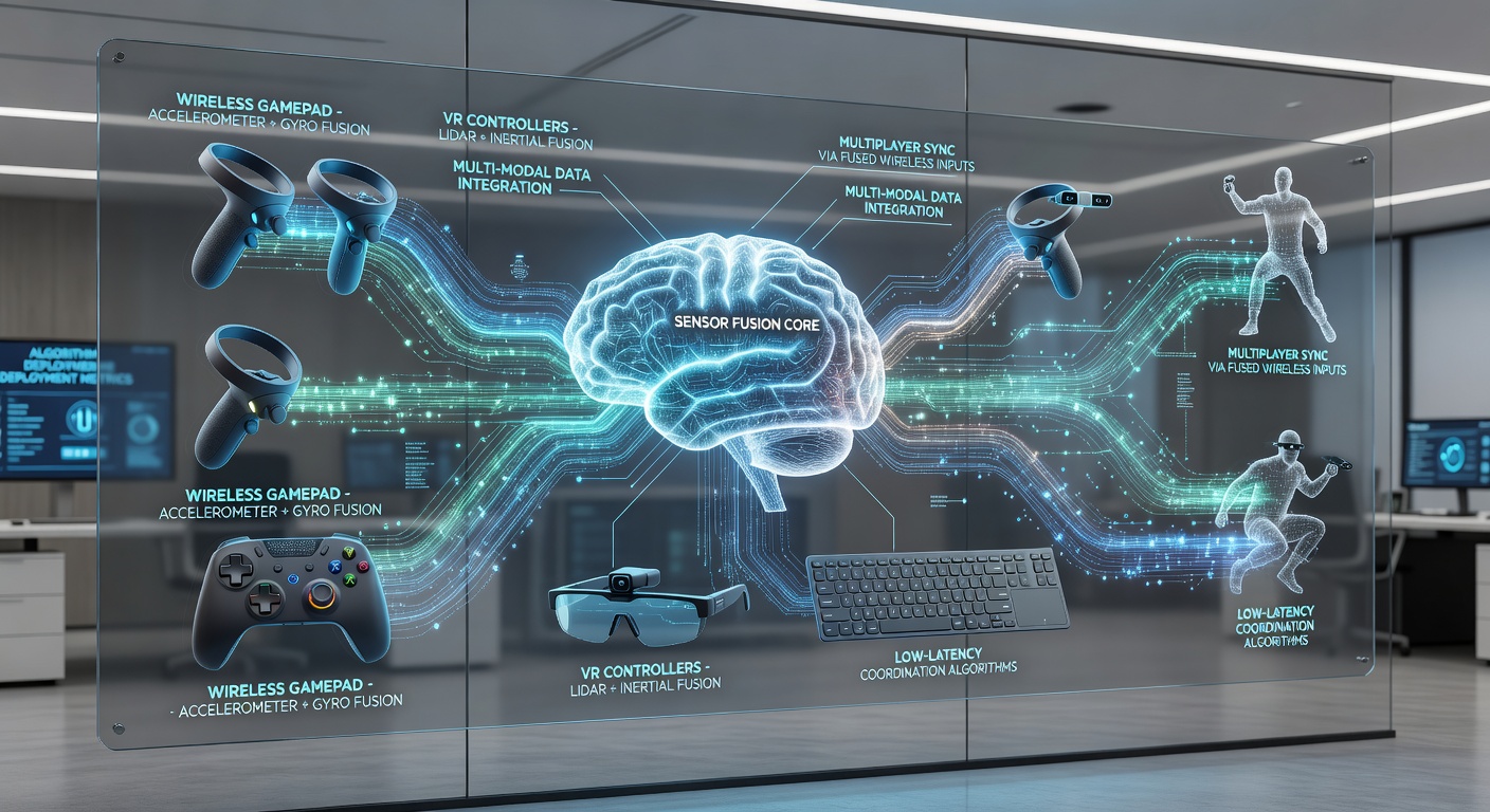 Close-up of wireless input device hardware showing integrated sensors and fusion processing chips used for real-time multiplayer synchronization