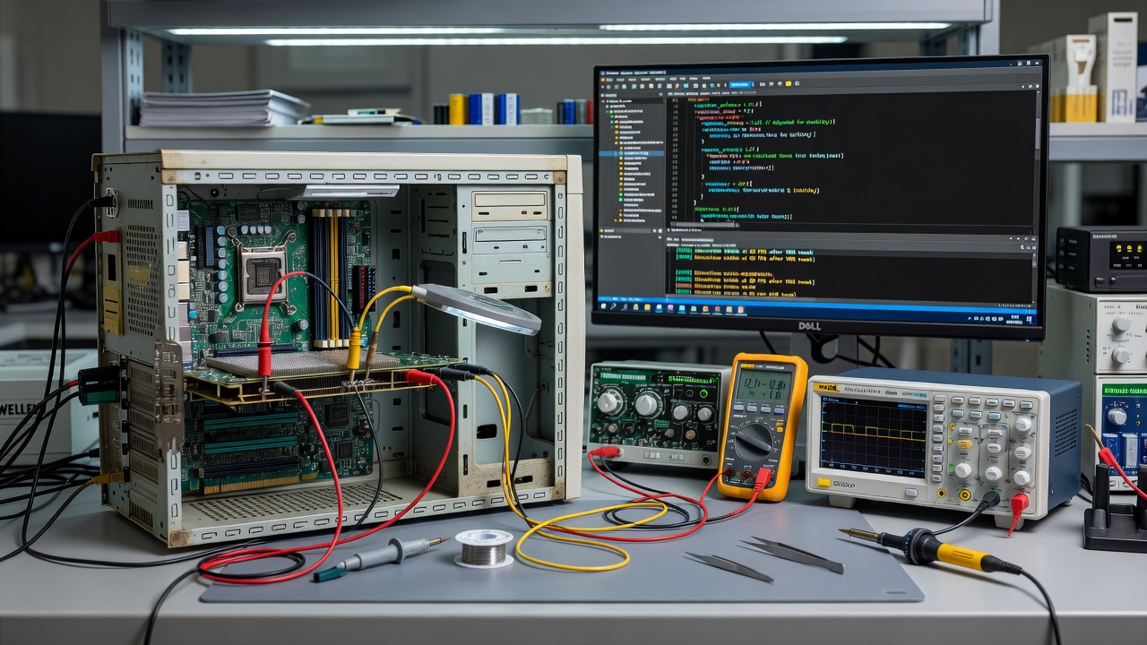 Community test bench with mid-2000s graphics card connected to monitoring equipment for voltage analysis