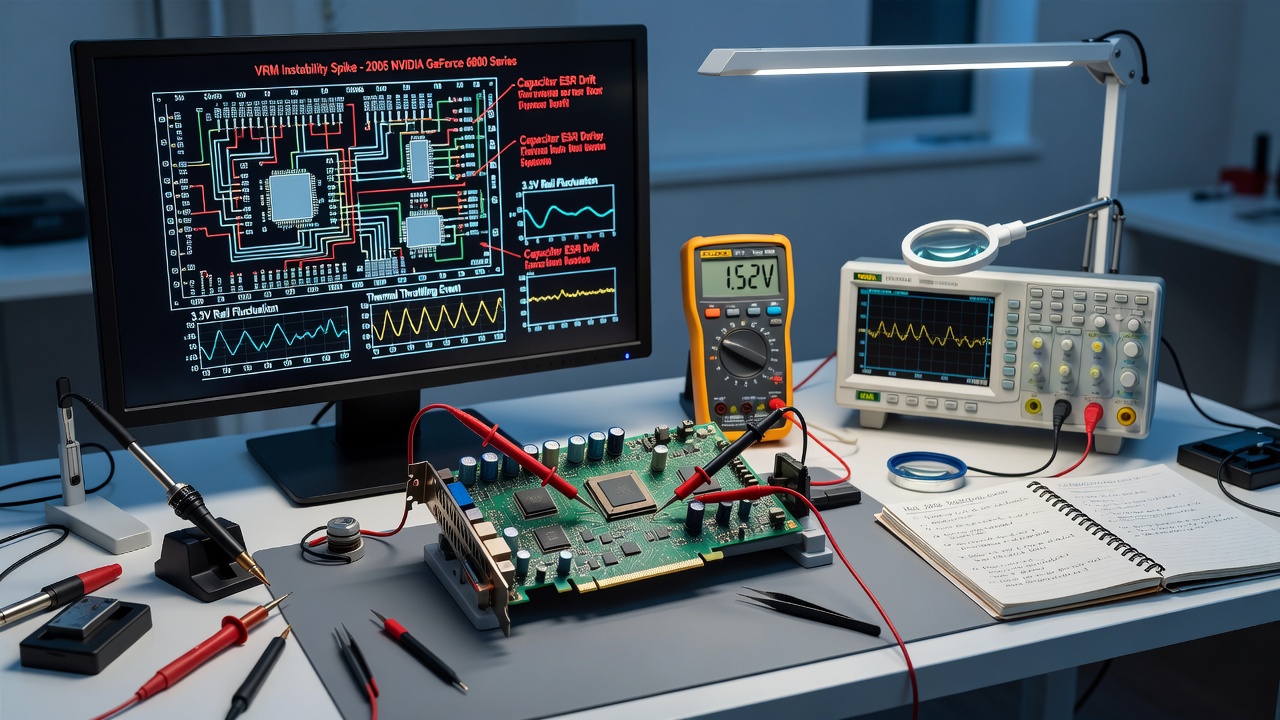 Detailed view of voltage regulator circuitry on a mid-2000s GPU during bench testing