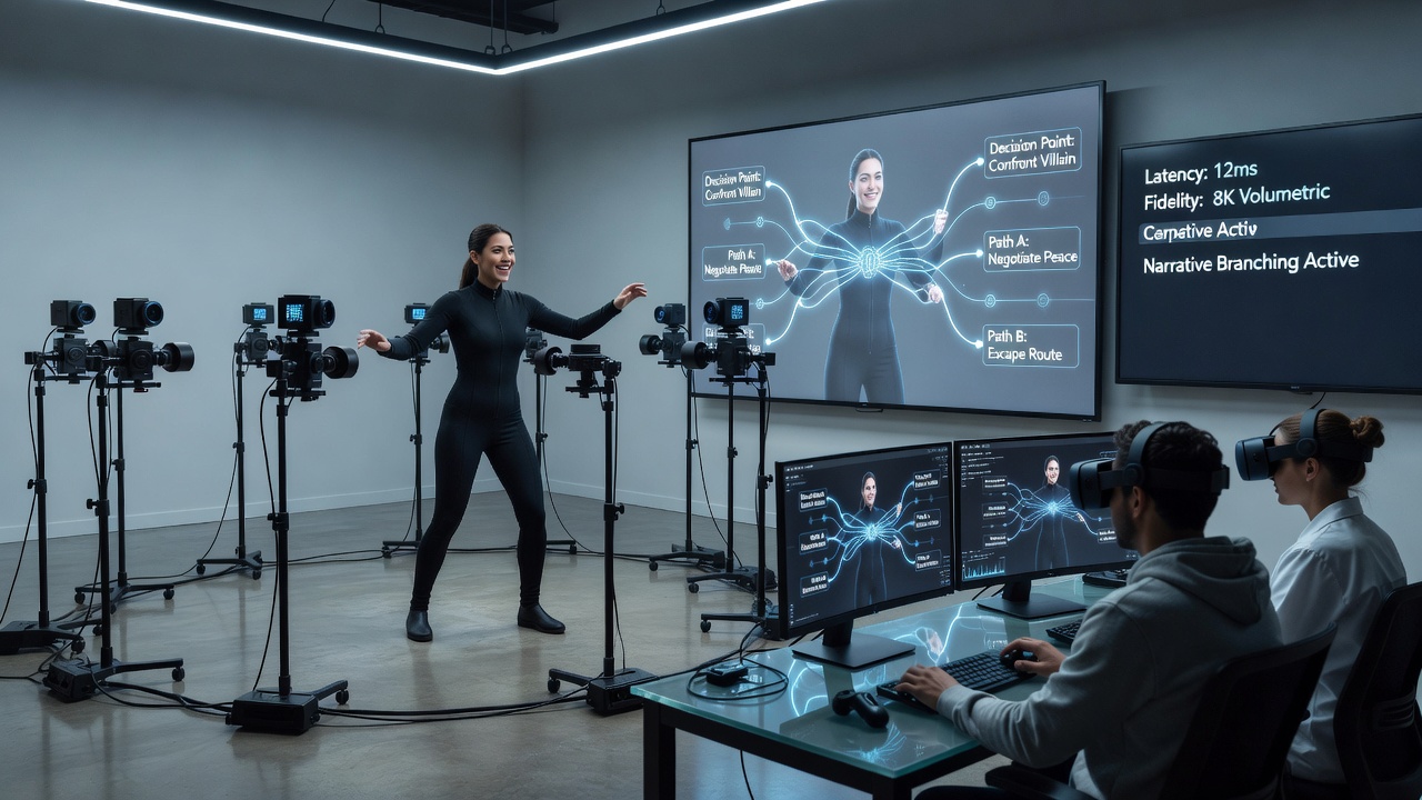 Volumetric capture studio setup with multiple synchronized cameras recording a performer for 3D model creation in VR narrative applications