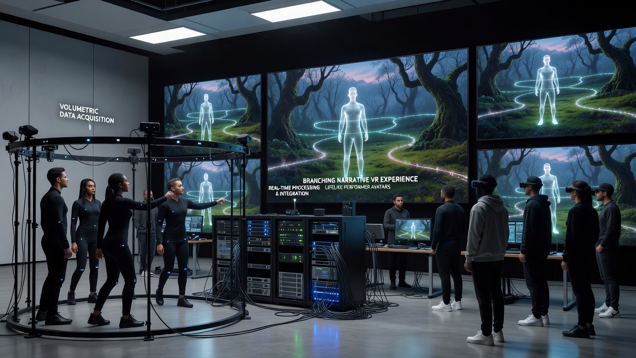 Volumetric 3D model of a performer integrated into a branching VR story scene with interactive narrative elements